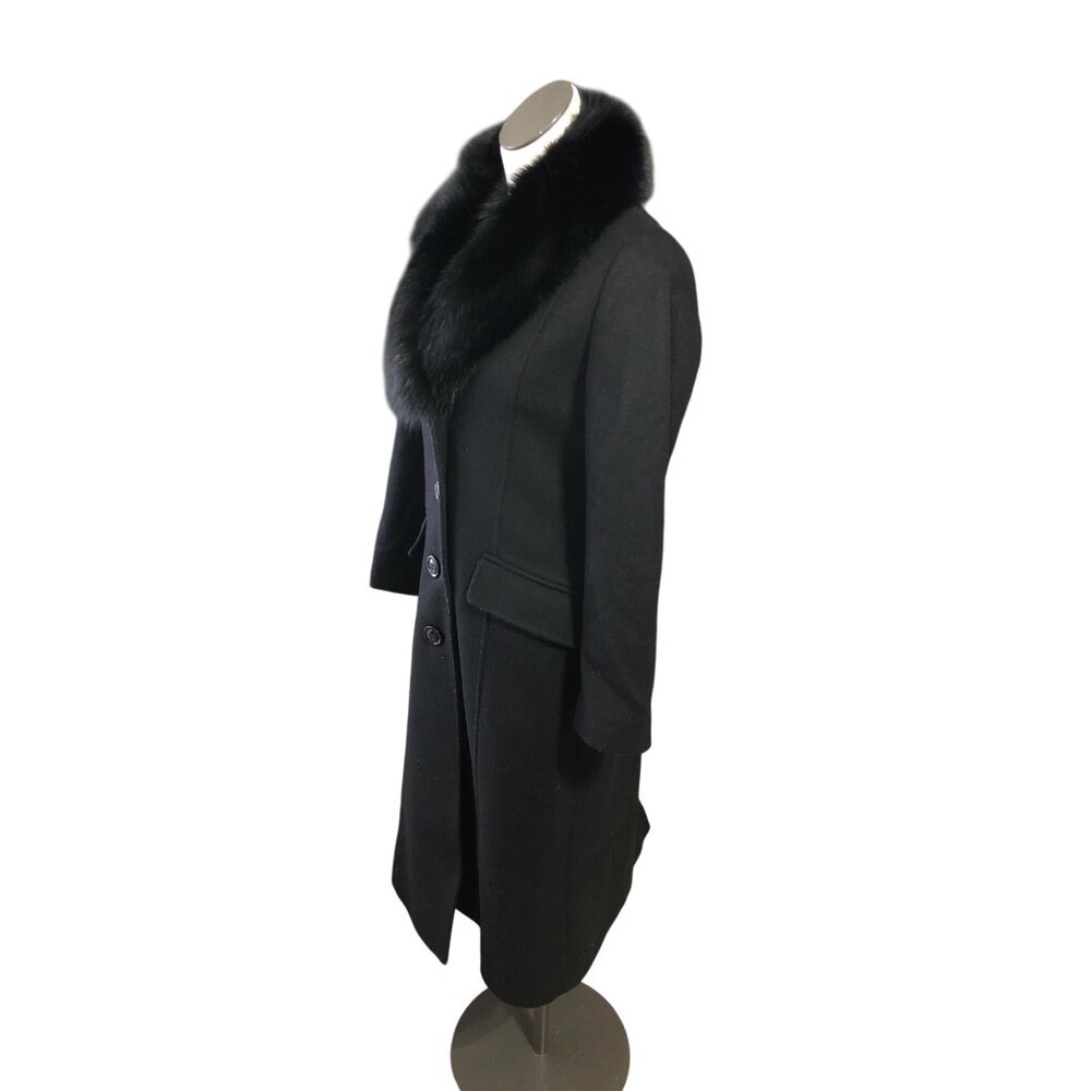 Sachi Coat Long Black Wool Cashmere Womens 2P Fox Fur Button Elegant Seams - Picture 4 of 16